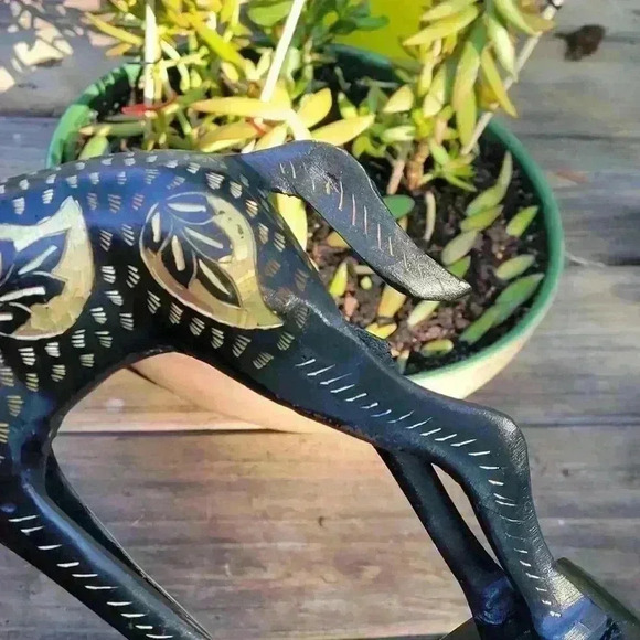 Big Giraffe Figure Decor Brass Tall 19" IN Black / Gold  Tone Leaves Stand - Picture 8 of 13